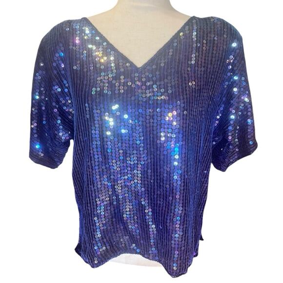Vintage 80s Sequin Silk Glam Oversized Short Sleeved Blouse M Maximalist Disco - Picture 1 of 5